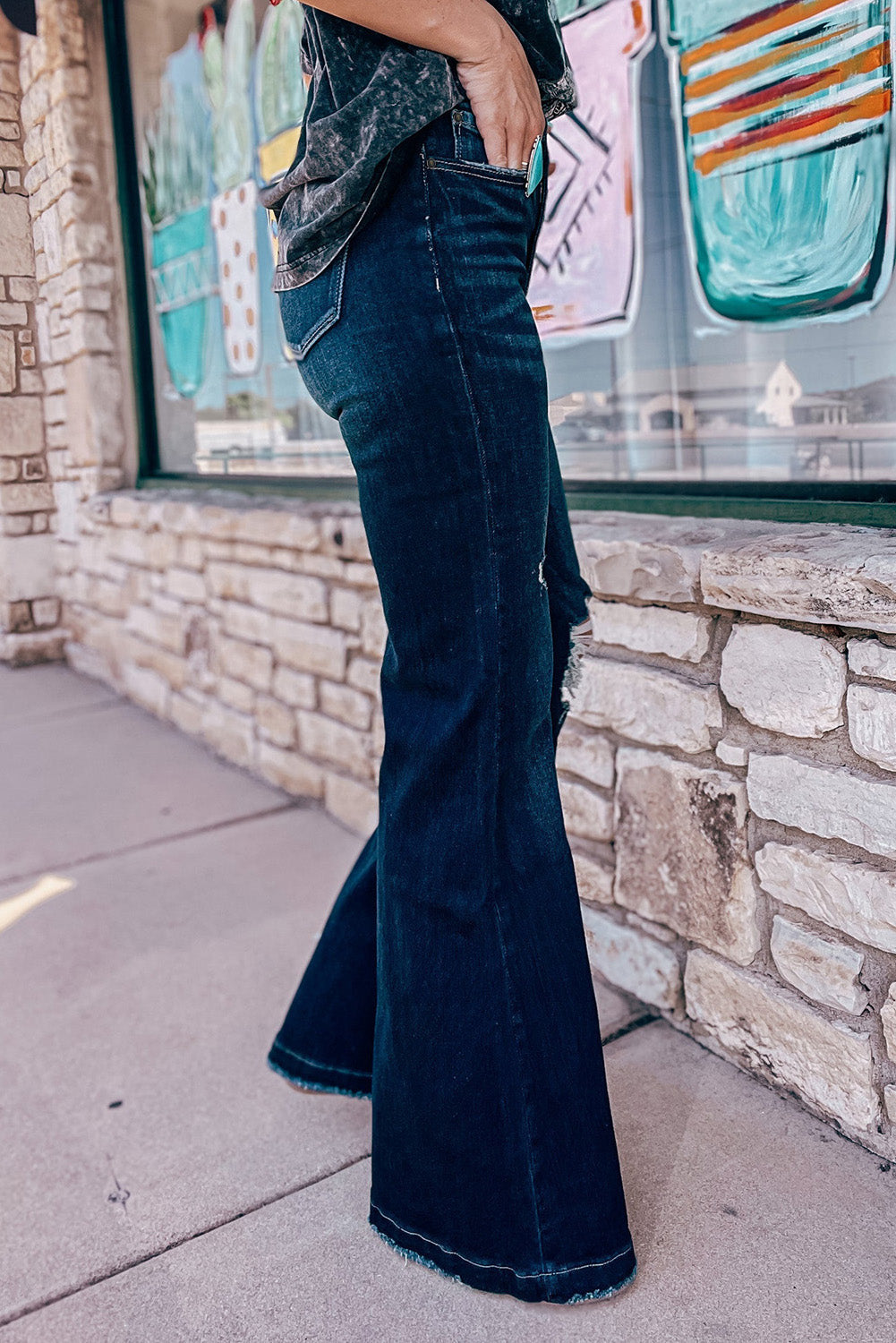 Real Teal High Rise Ripped Bell Bottom Jeans Beagle Boutique Fashion Outlet