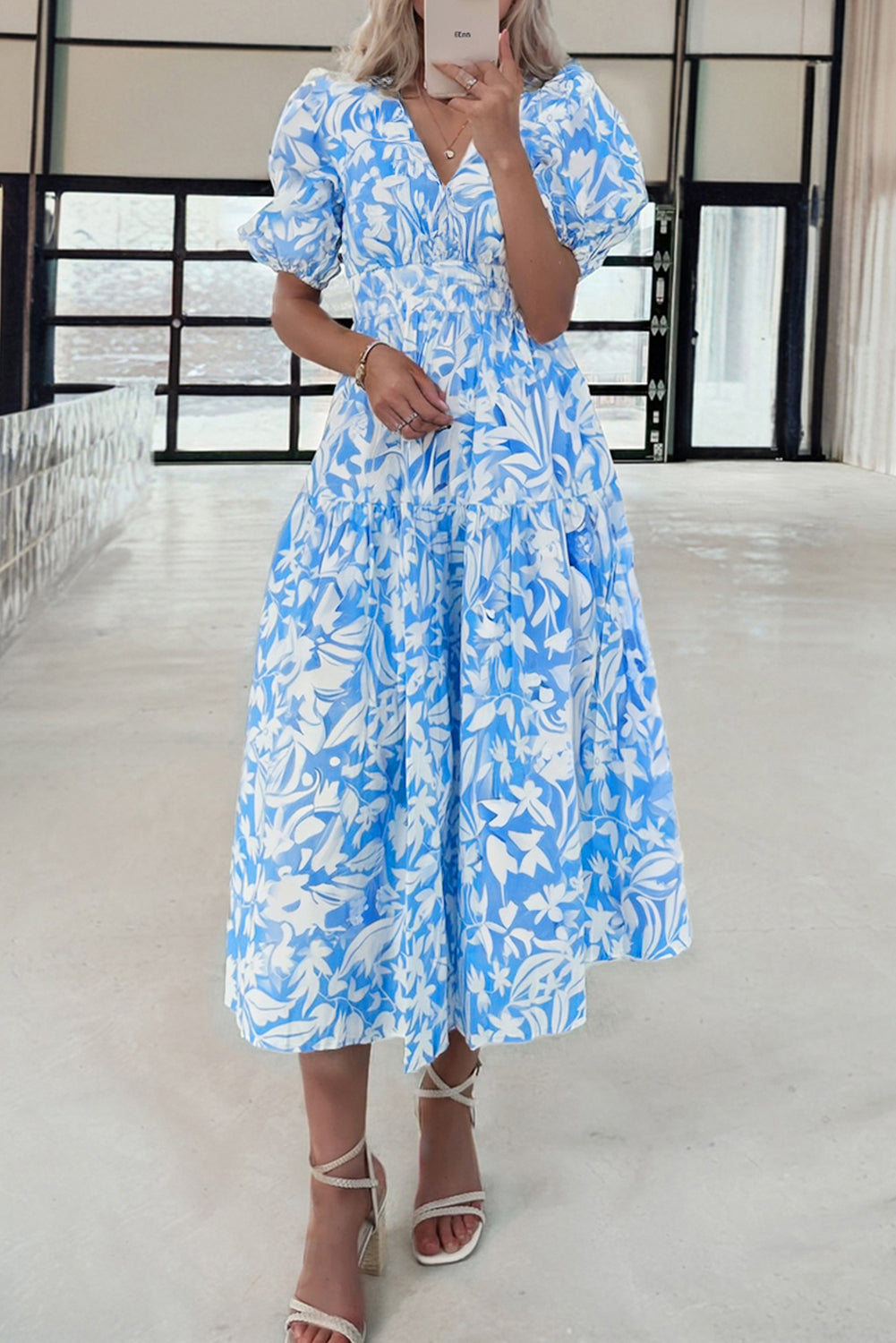 Sky Blue Floral V Neck Puff Short Sleeve Flowy Long Dress eAura