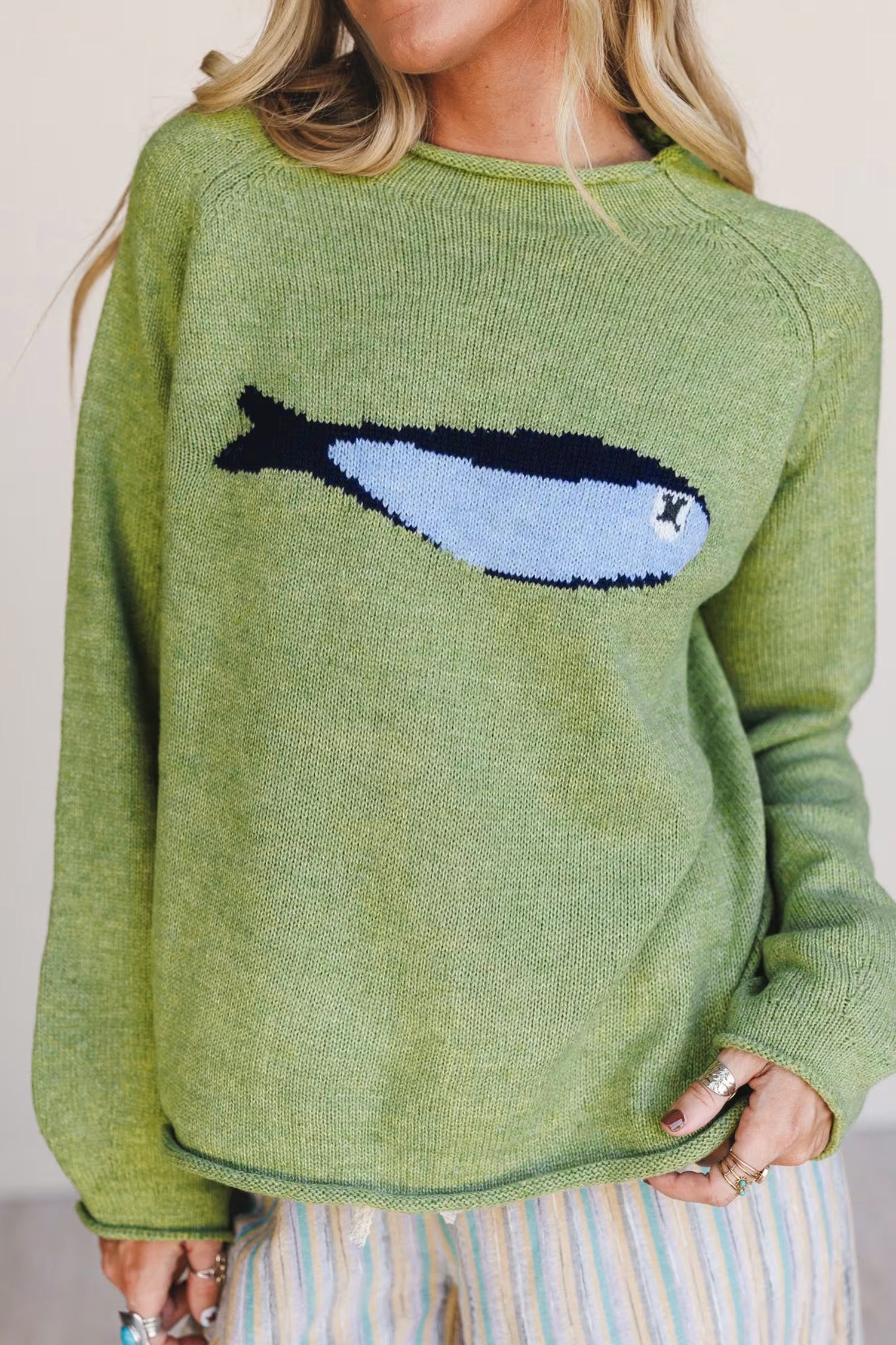Unique Fish Knit Oversized Round Neck Sweater – Meadow Mist Green