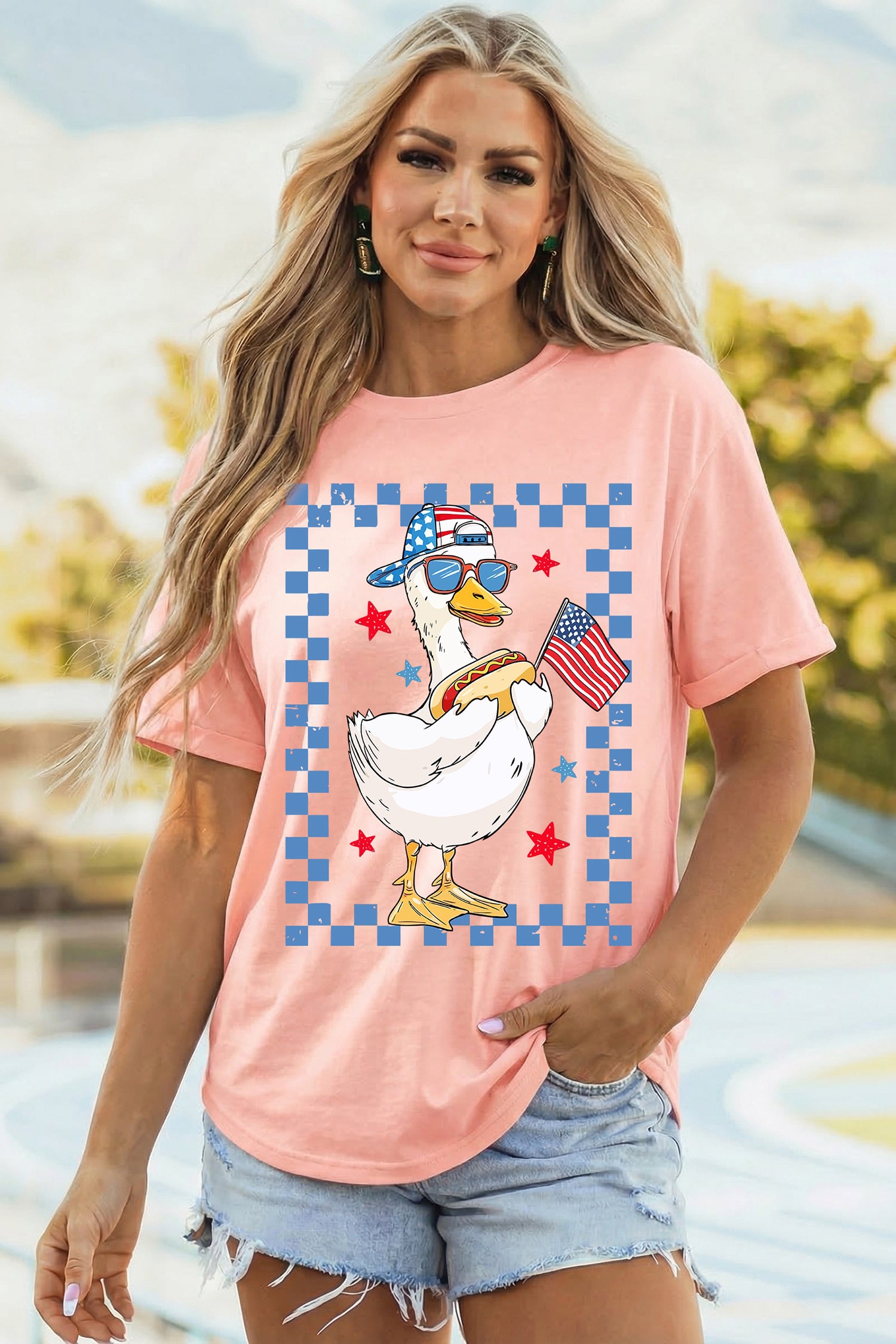 America Goose 4th Of July Patriotic Flag Graphic T Shirt – Pink