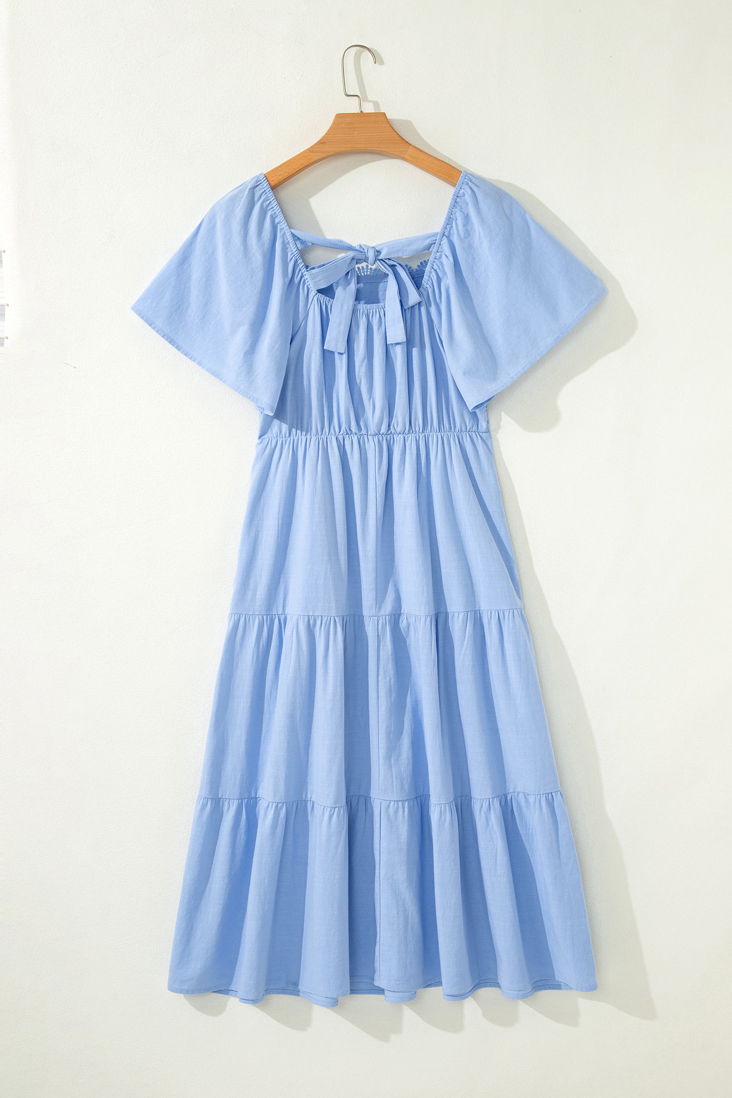 Flowy Short Sleeve Lace Detail Square Neck Tiered Midi Dress