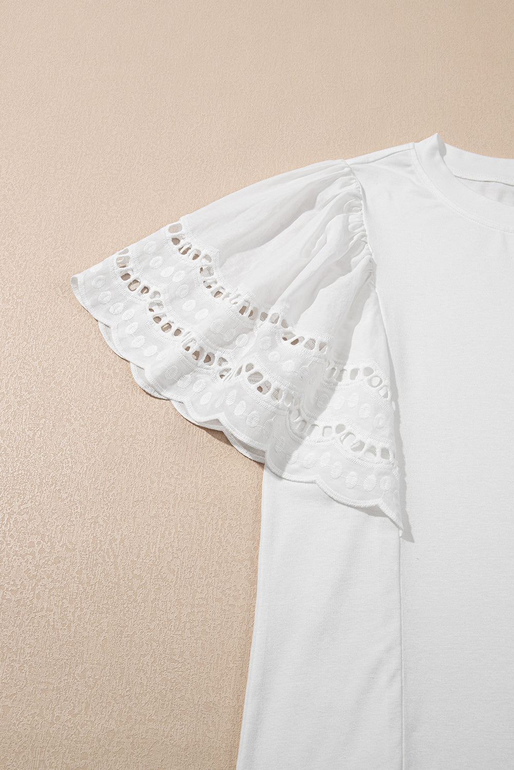 White Hollow Out Embroidered Short Sleeve O Neck Top eAura