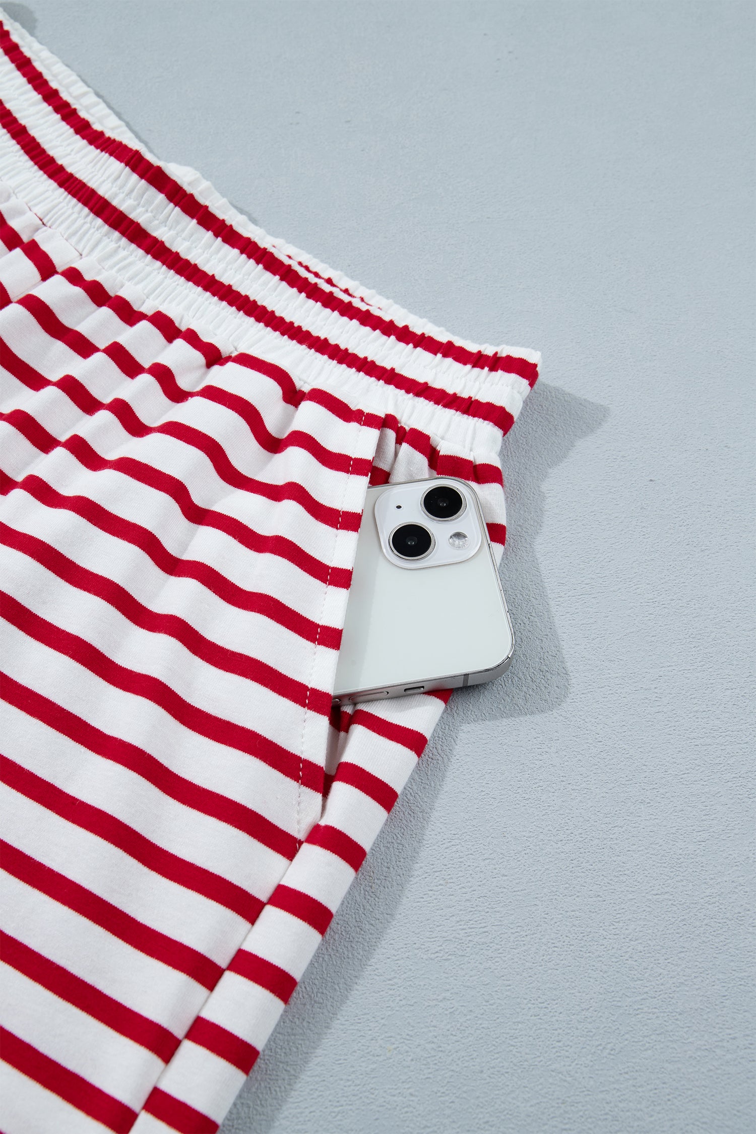 Scallop Trim Casual Top 2pcs Short Set – Red Stripe