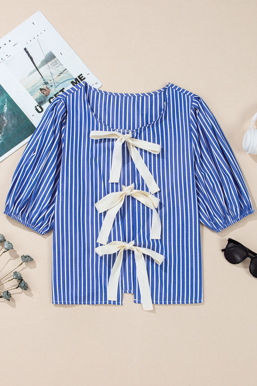 Blue Stripe Tied Front Puff Short Sleeve Blouse eAura