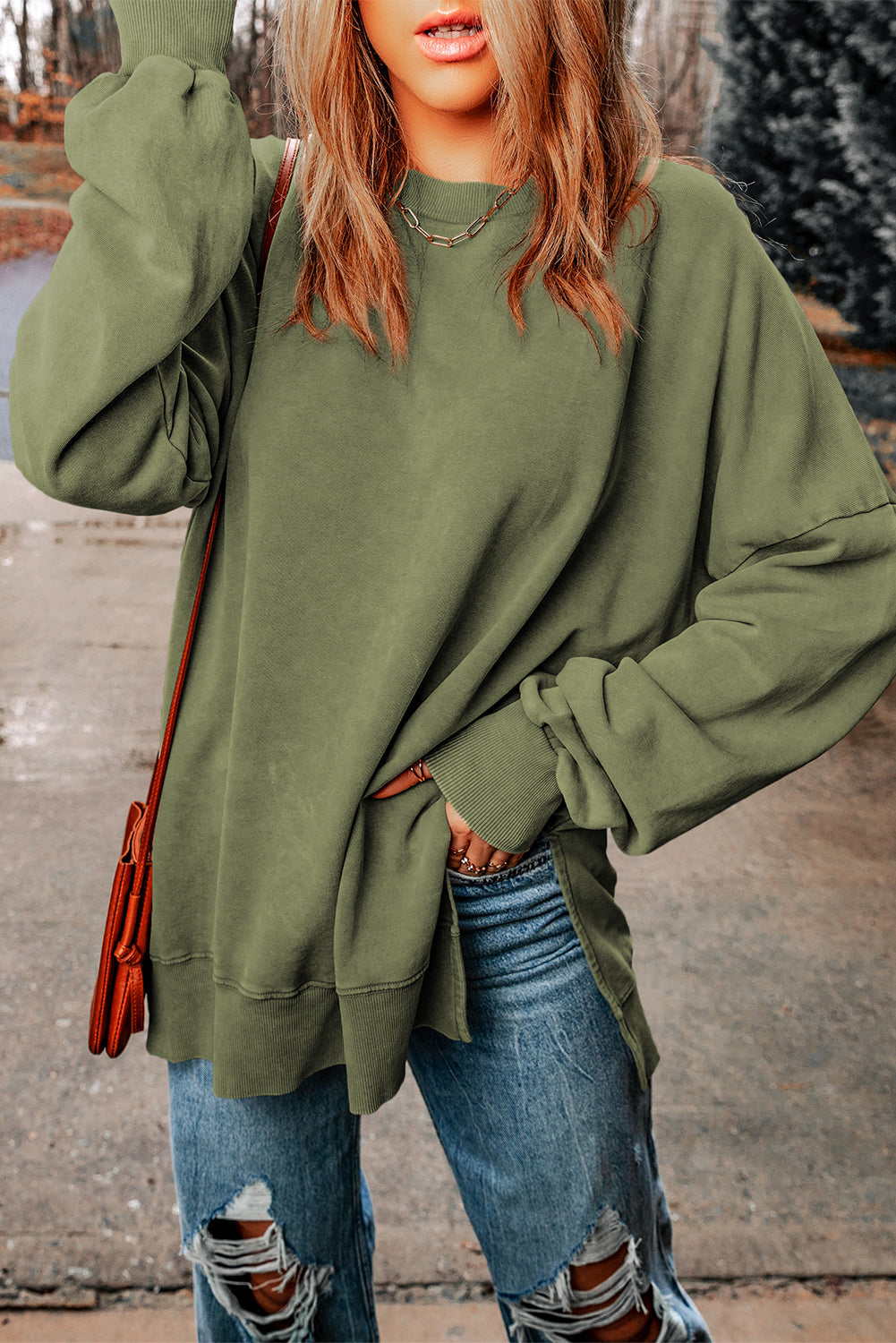Green Drop Shoulder Ribbed Trim Oversized Sweatshirt eAura