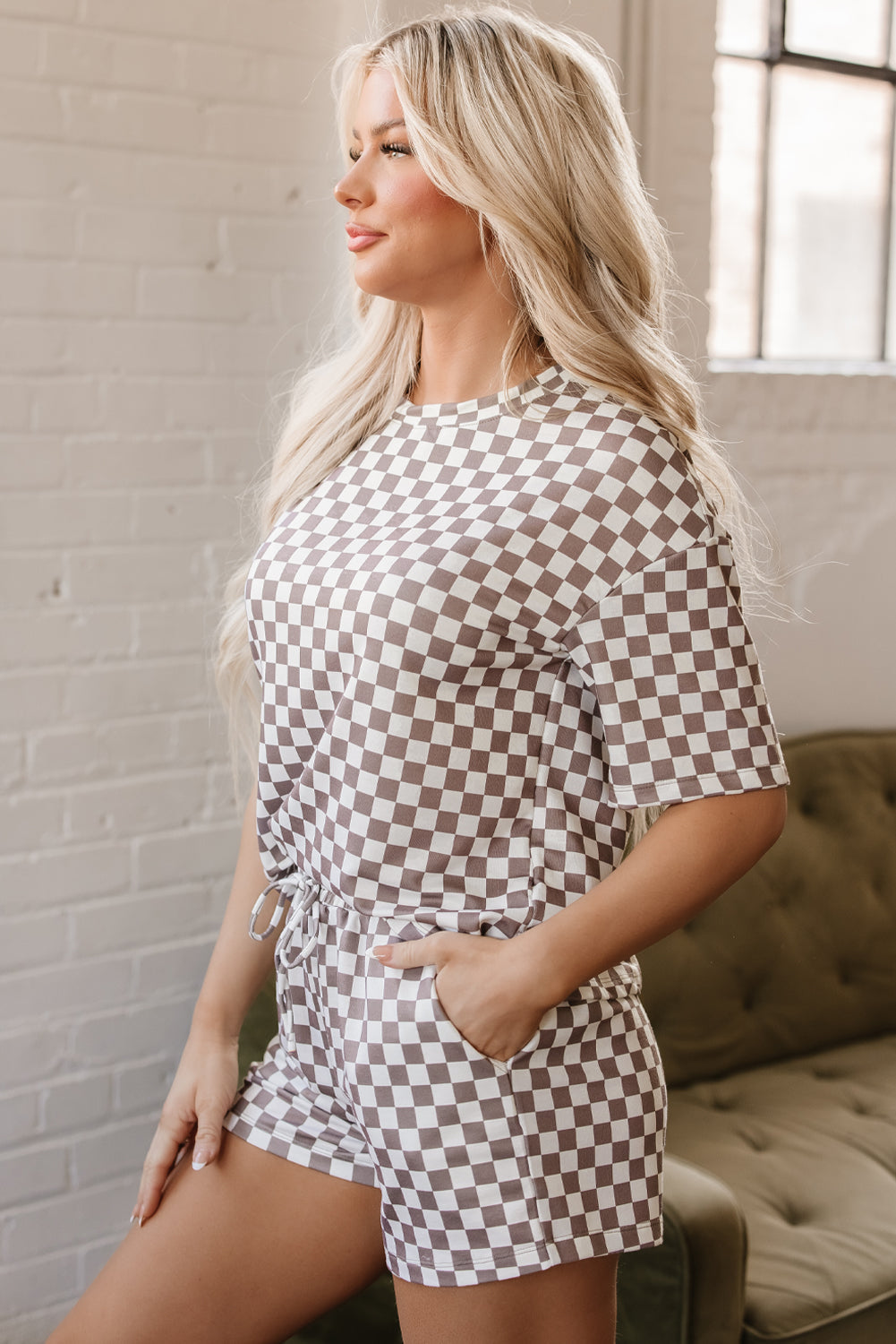 Brown Checkered Top and Short Casual 2pcs Set Co-ord eAura