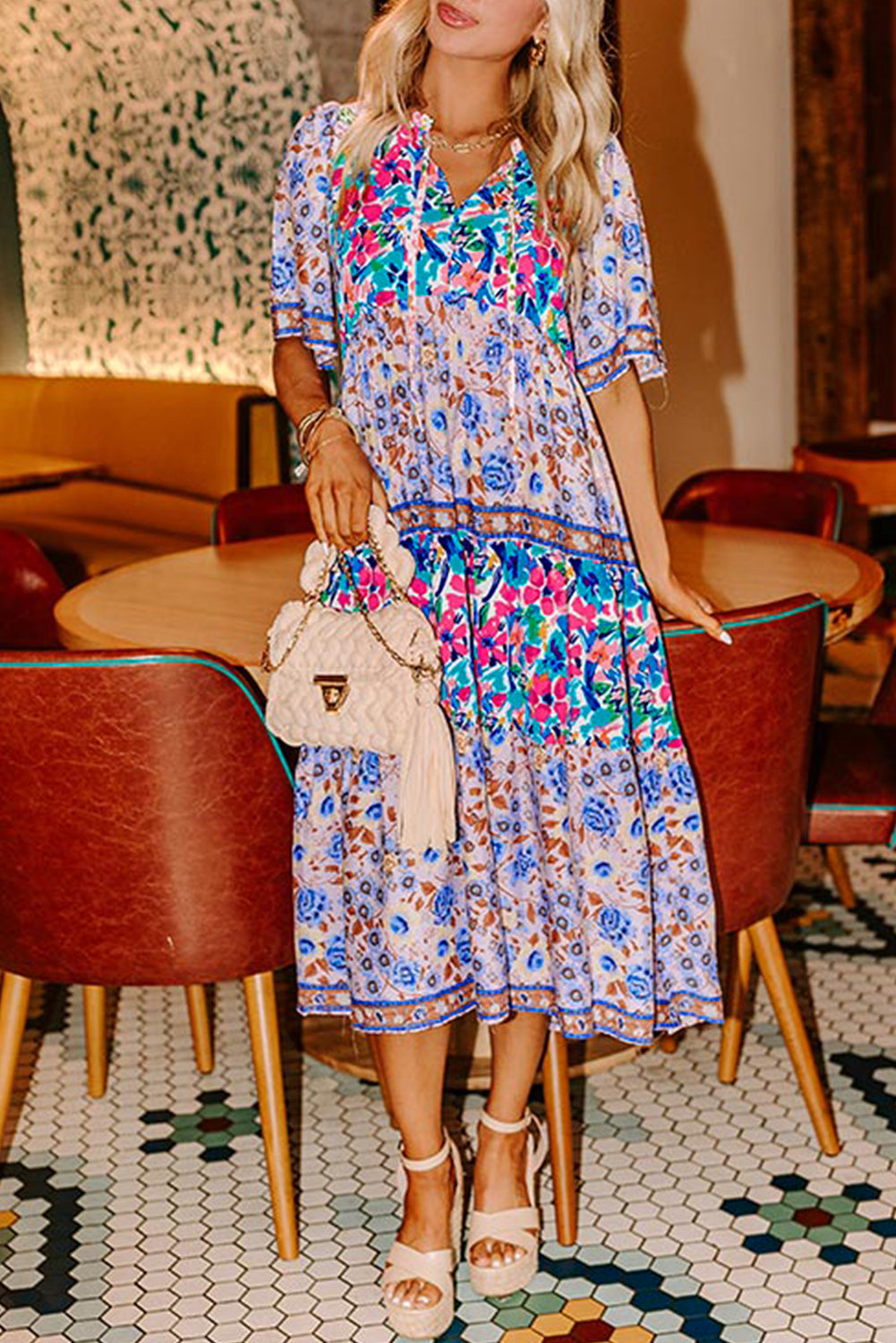 Sky Blue Mixed Floral Print Tie Split Neck Short Sleeve Dress eAura