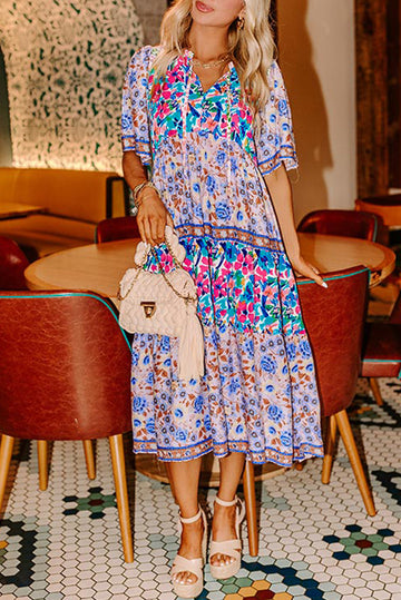 Sky Blue Mixed Floral Print Tie Split Neck Short Sleeve Dress eAura