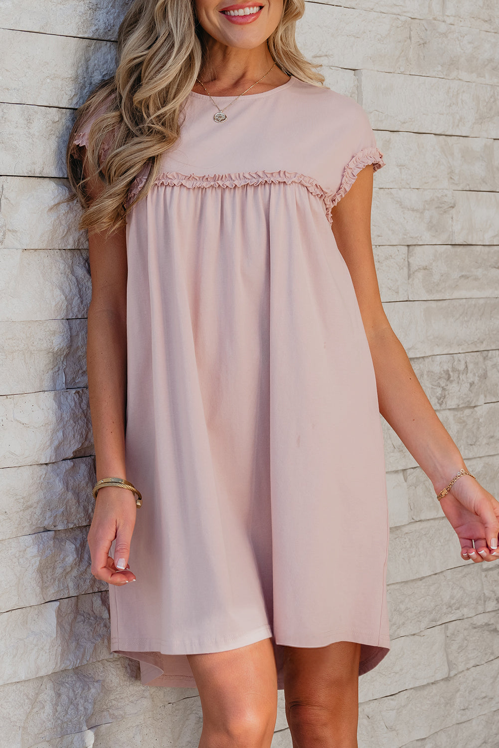 Mint Green Frilled Trim Crew Neck Loose Fit Mini Dress eAura