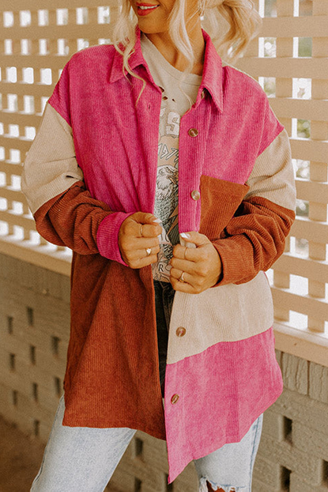 Rose Red Colourblock Curved Hem Corduroy Shacket with Pocket eAura