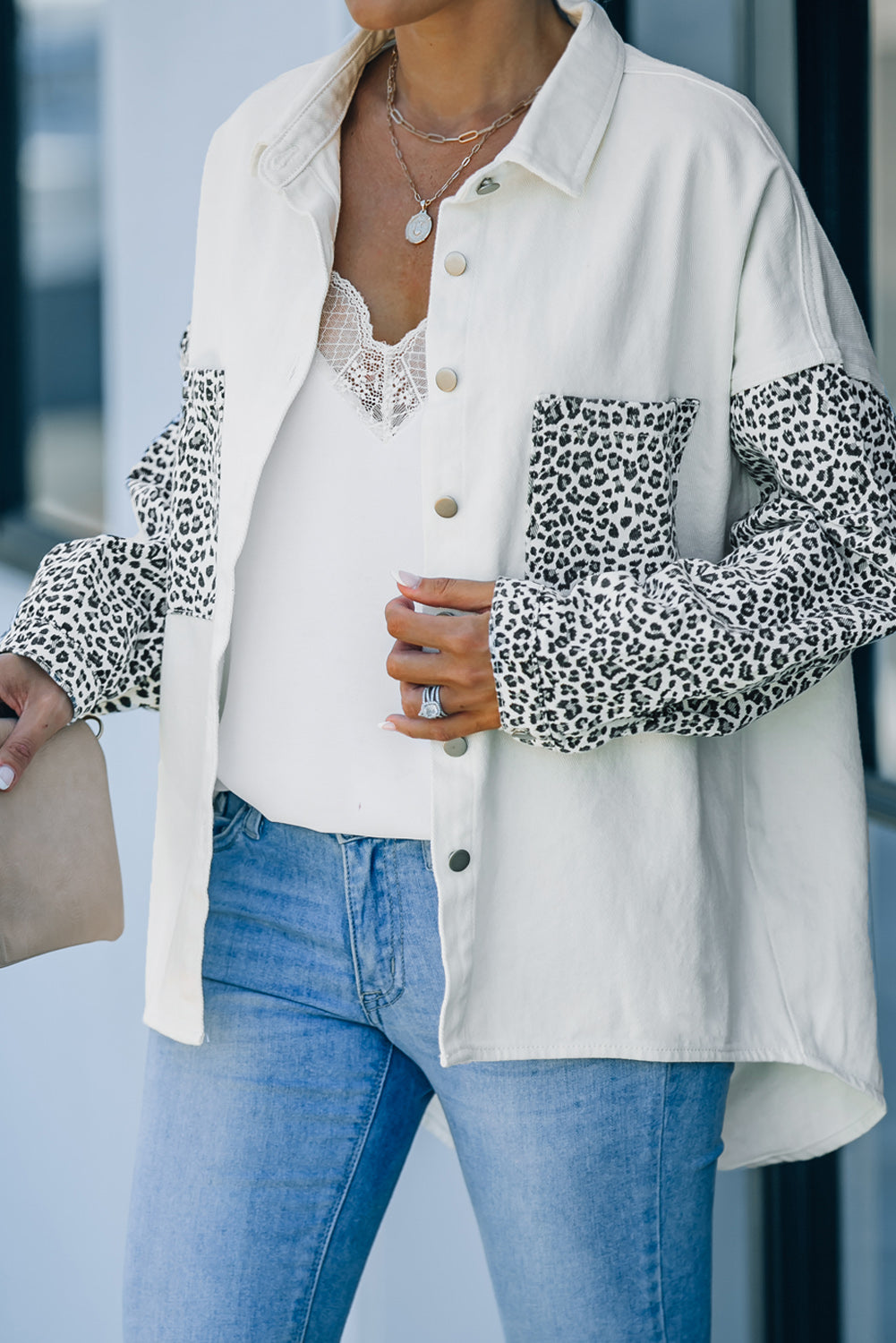 White Contrast Leopard Denim Jacket eAura