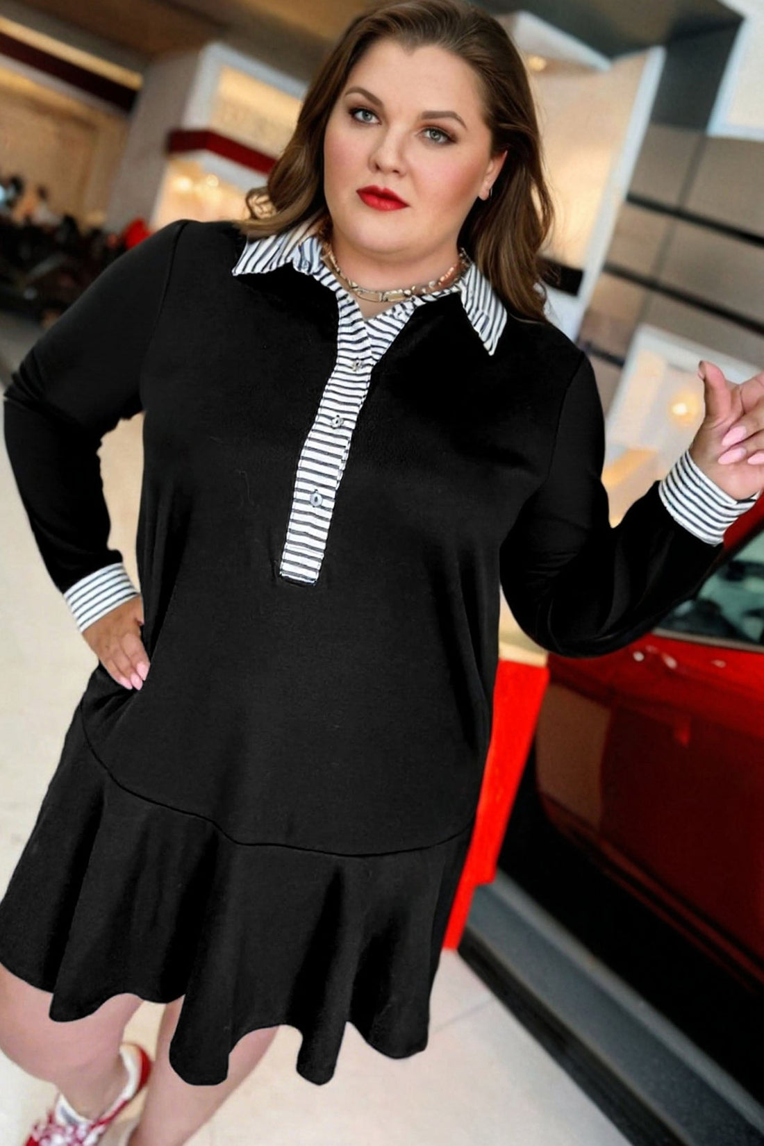 Plus Size Striped Cuffs Polo Collar Patchwork Long Sleeve Ruffle Hem Dress - eAura