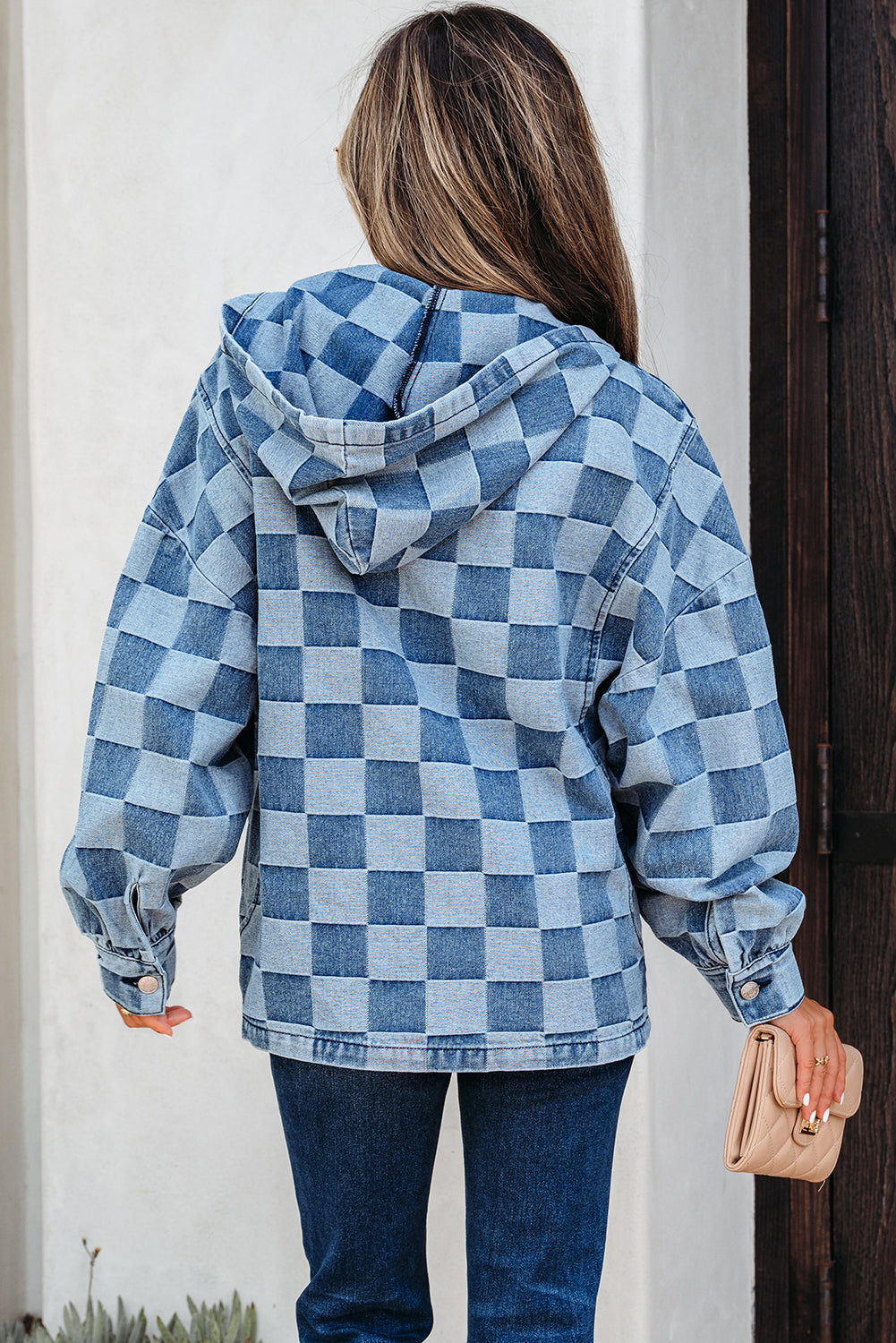 Checkerboard Zip Neck Kangaroo Pocket Denim Hoodie - eAura
