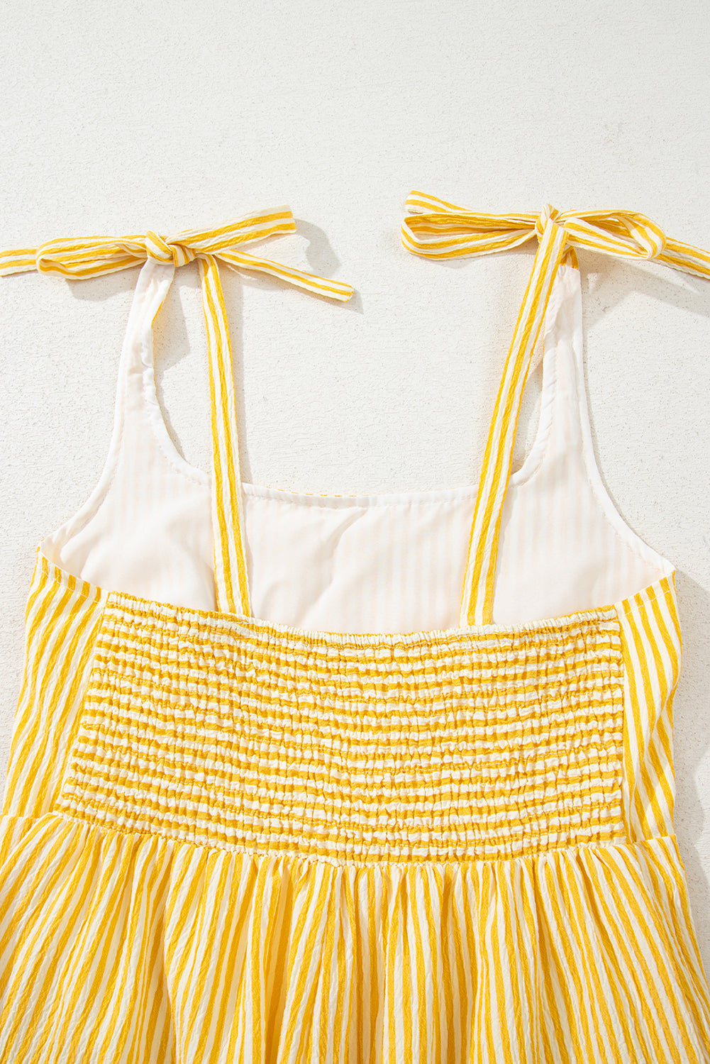 Yellow Stripe Shoulder Tie Smocked Back Wide Leg Casual Romper Dear-Lover Dropshipping
