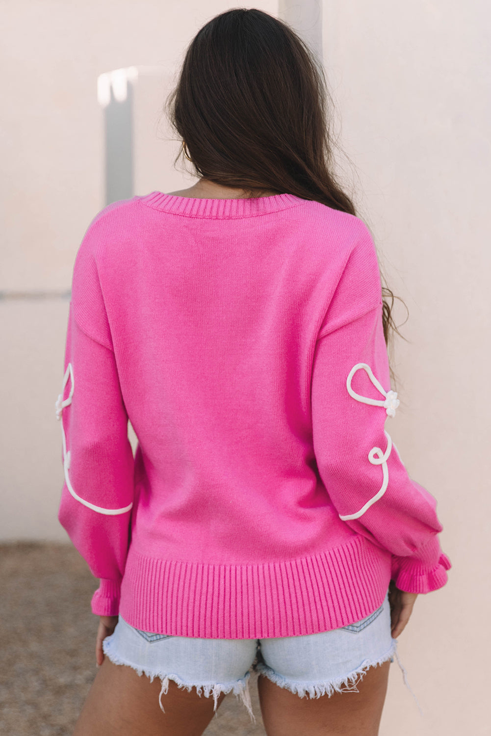 Bright Pink Ribbed Flower Bow Ribbed Trim Casual Sweater eAura