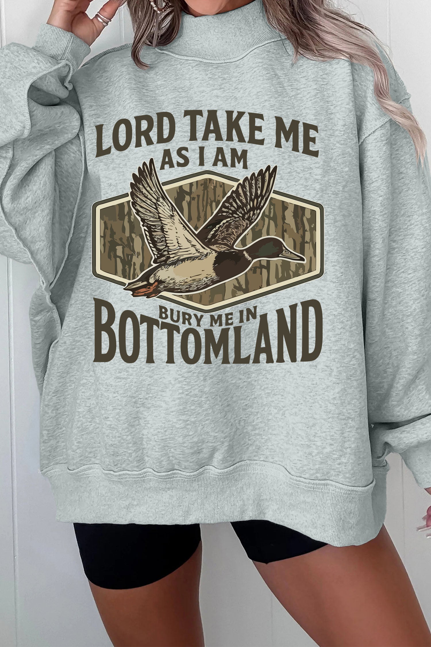 Exposed Seam Mock Neck Western Print Duck Sweatshirt – Gray