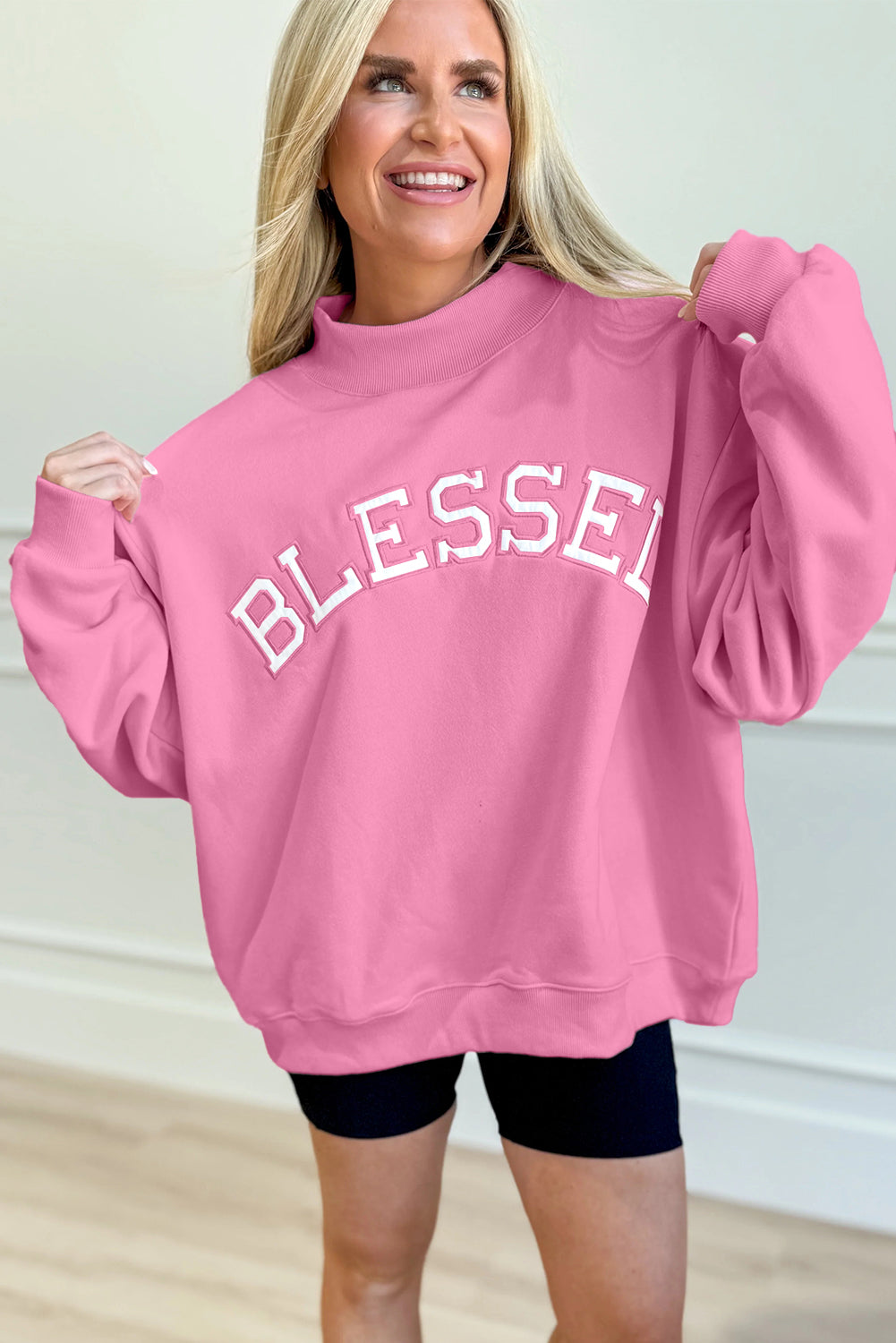 Oversized 'Blessed' Embroidered Mock Neck Sweatshirt - eAura