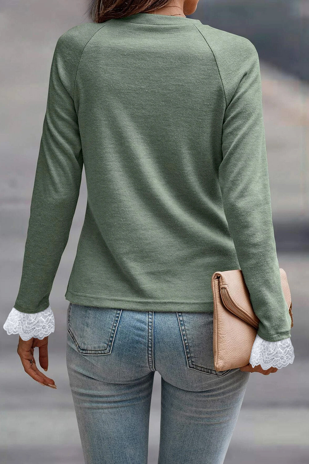 Grass Green Seam Detail Lace Contrast Cuffs Raglan Sleeve Top eAura