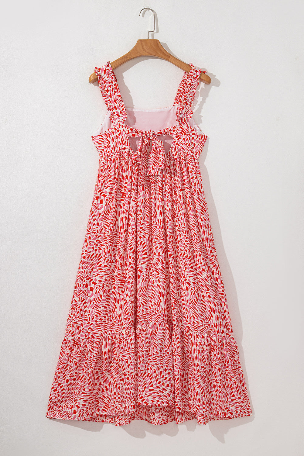 Pink Geometric Print Knot Back Sleeveless Ruffle Hem Dress eAura