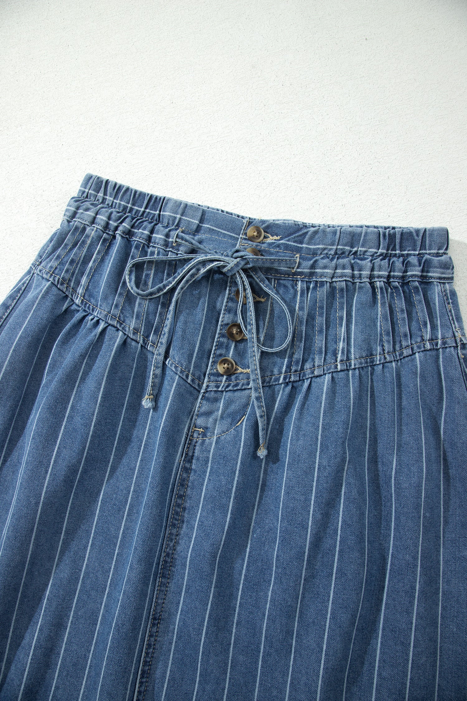 Sky Blue Stripe Pintuck High Waist Drawstring Denim Midi Skirt