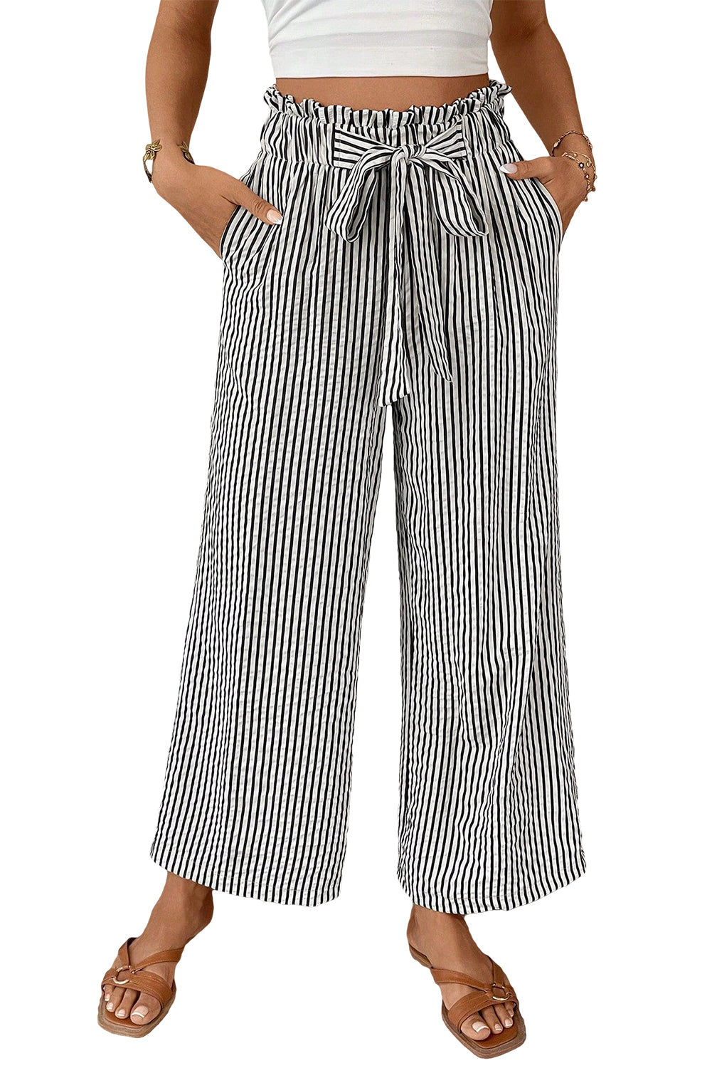 Stripe Tied High Waist Loose Straight Casual Pants - eAura