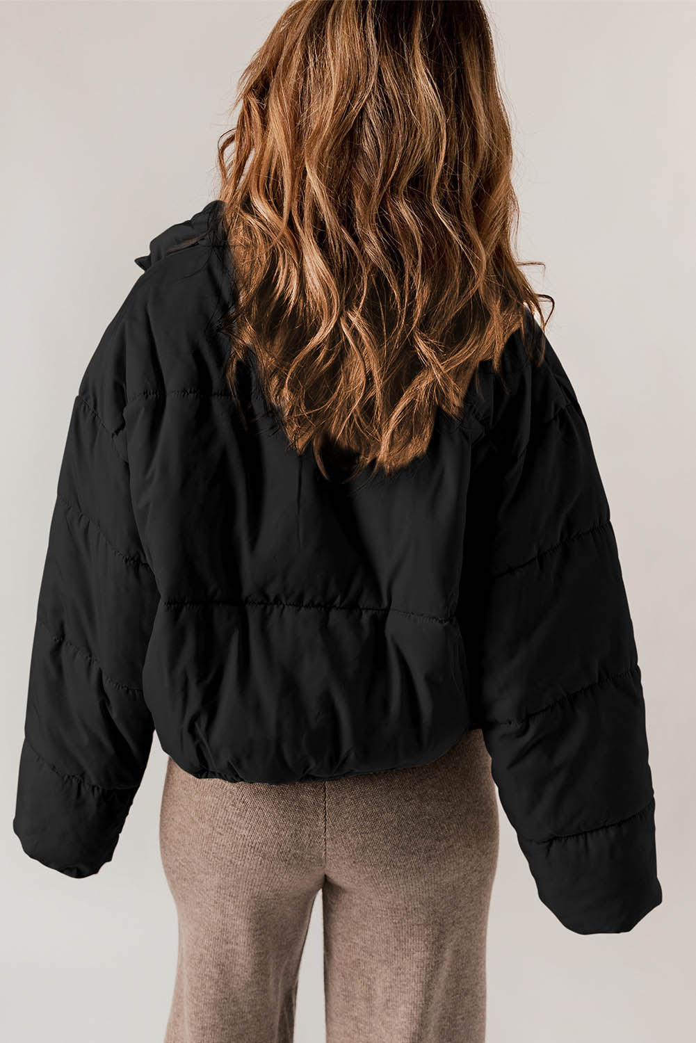 Black Zip Up Drawstring Hem Puffer Coat eAura
