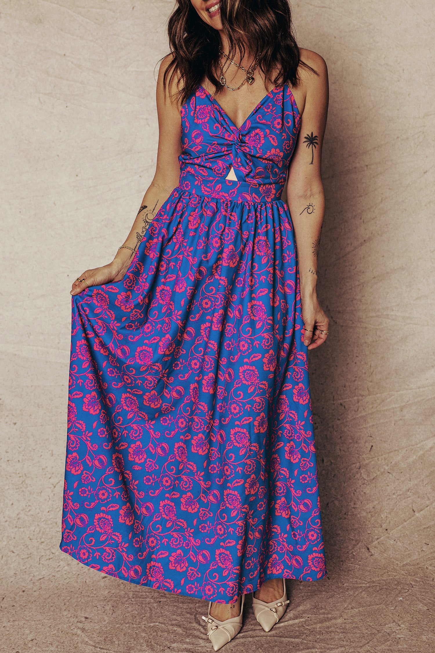 Blue Floral Print Twisted V-Neck Tied Backless Maxi Dress
