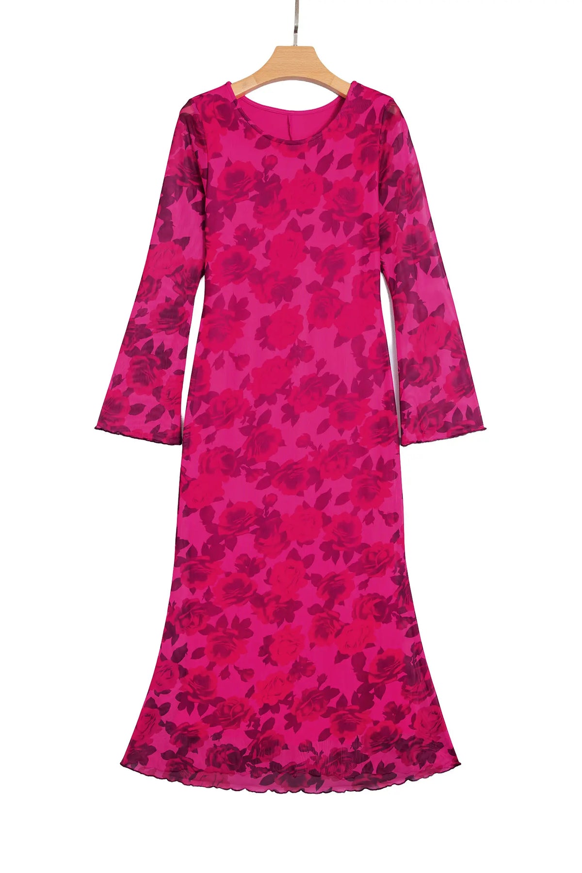 Floral Print Cuff Hem Serging Long Sleeve Sheath Dress – Red