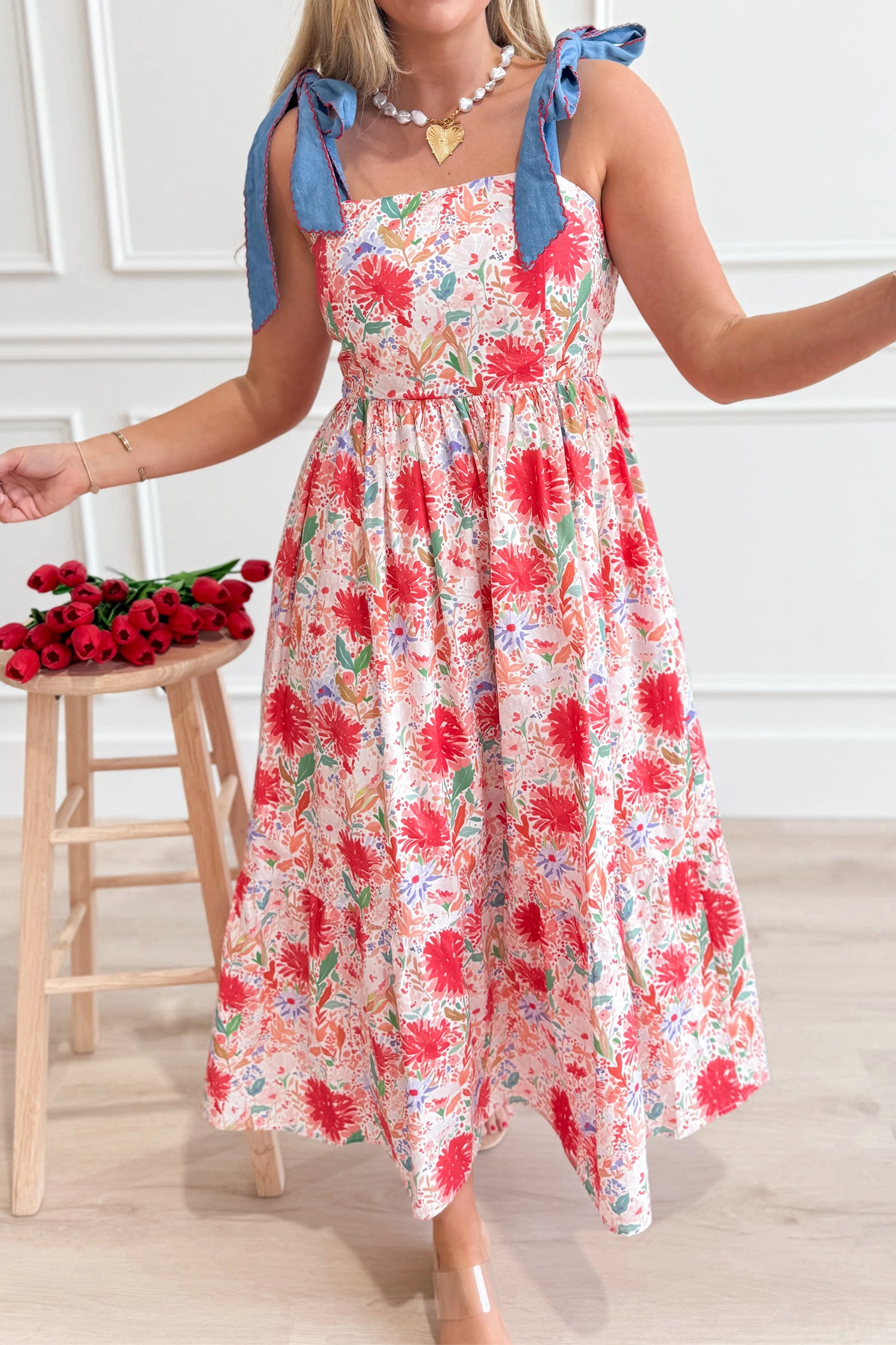 Floral Print Contrast Stitched Knot Denim Straps Maxi Dress