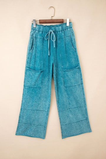 Mineral Wash High Waist Raw Hem Patched Trousers - Bottoms/Pants & Culotte