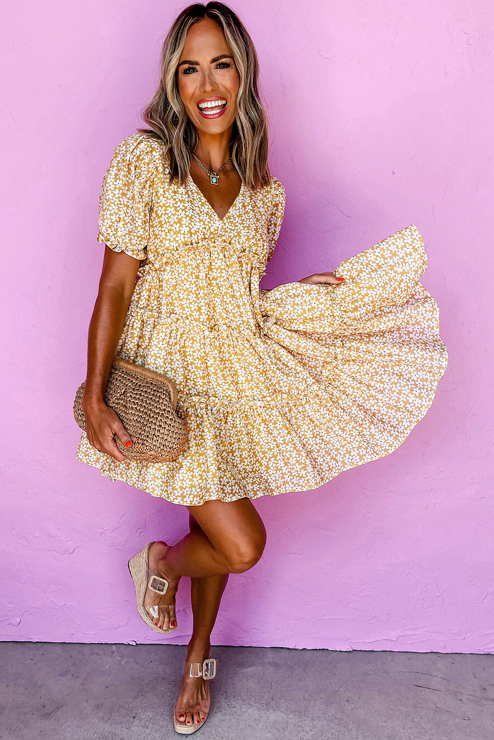 Yellow Floral Short Sleeve V Neck Frilly Tiered Mini Dress eAura