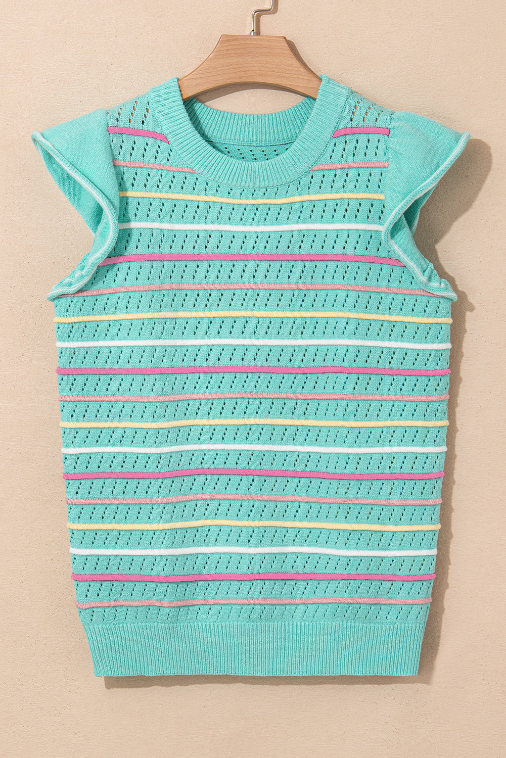 Green Colourful Striped Eyelet Knit Ruffled Sleeve Sweater T Shirt eAura
