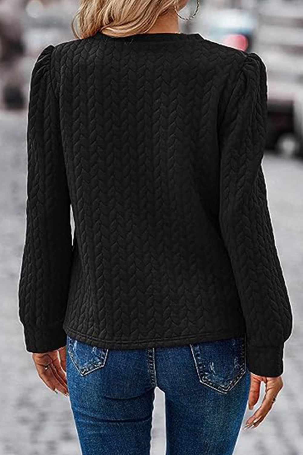 Light Pink Cable Textured Puff Sleeve Sweatshirt eAura