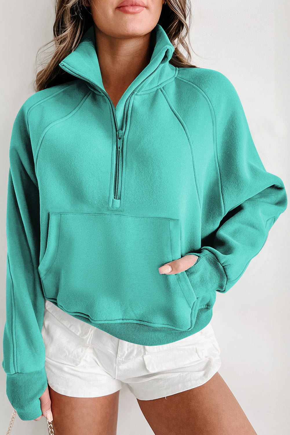 Phalaenopsis Fleece Lined Zip Up Stand Collar Thumbhole Sleeve Sweatshirt eAura