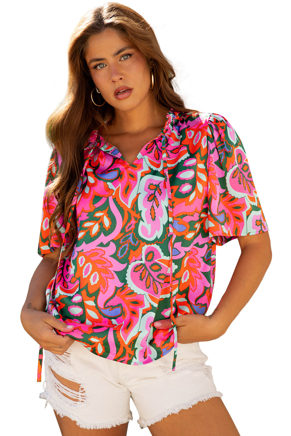 Rose Summer Plant Print Lace up V-Neck Short Sleeve Blouse BB Fashion Outlet