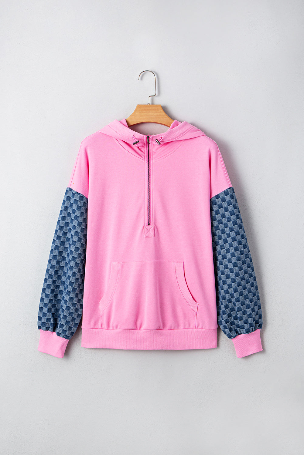 Checkered Kangaroo Pocket Half Zip Hoodie - eAura