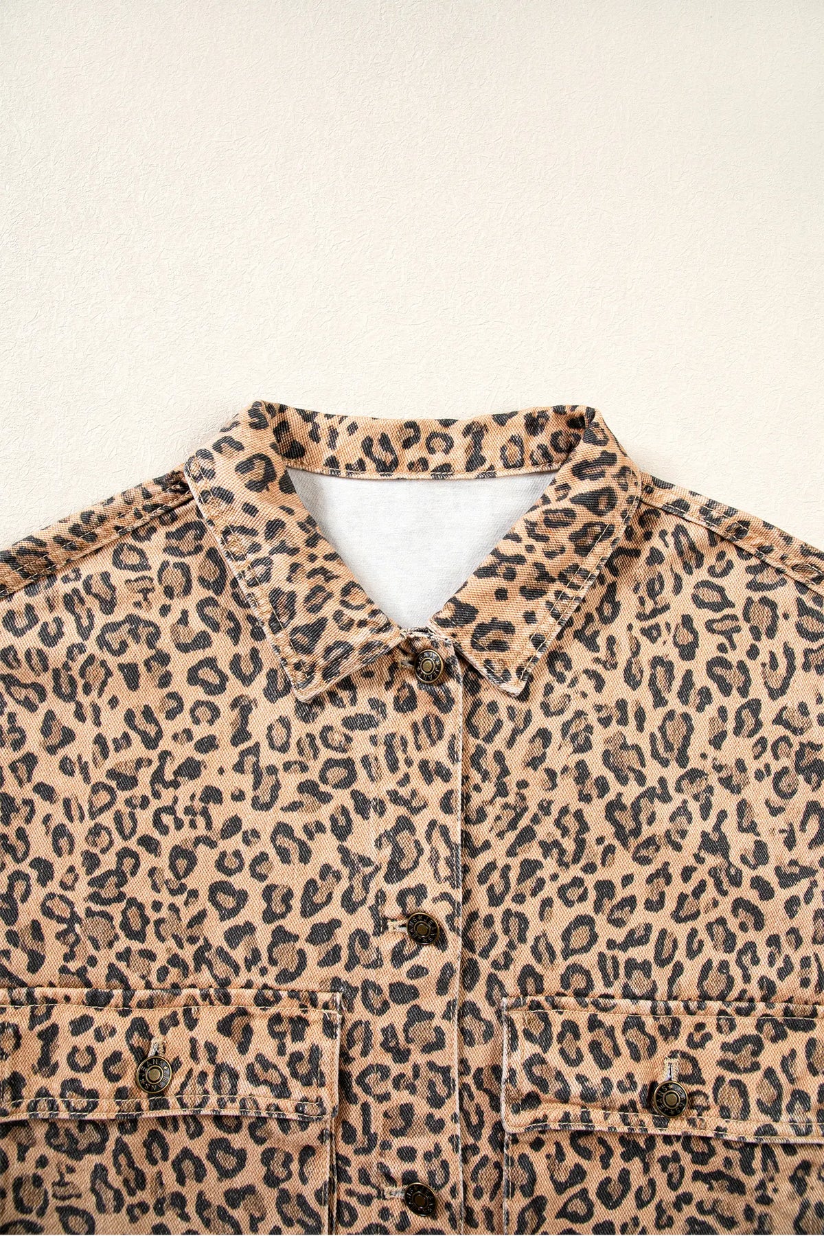 Leopard Print Collar Long Sleeve Patch Pocket Shift Denim Jacket – Khaki