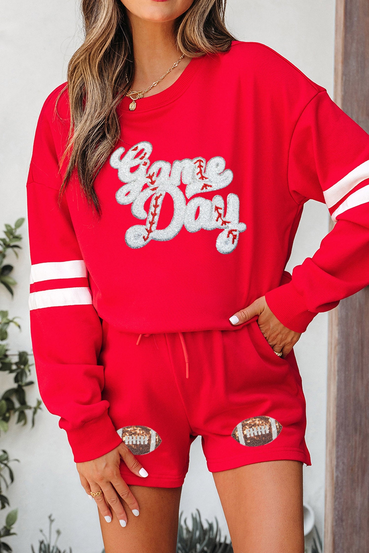 Glitter Game Day Slogan Football Patch Varsity Graphic Two Piece Set – Fiery Red