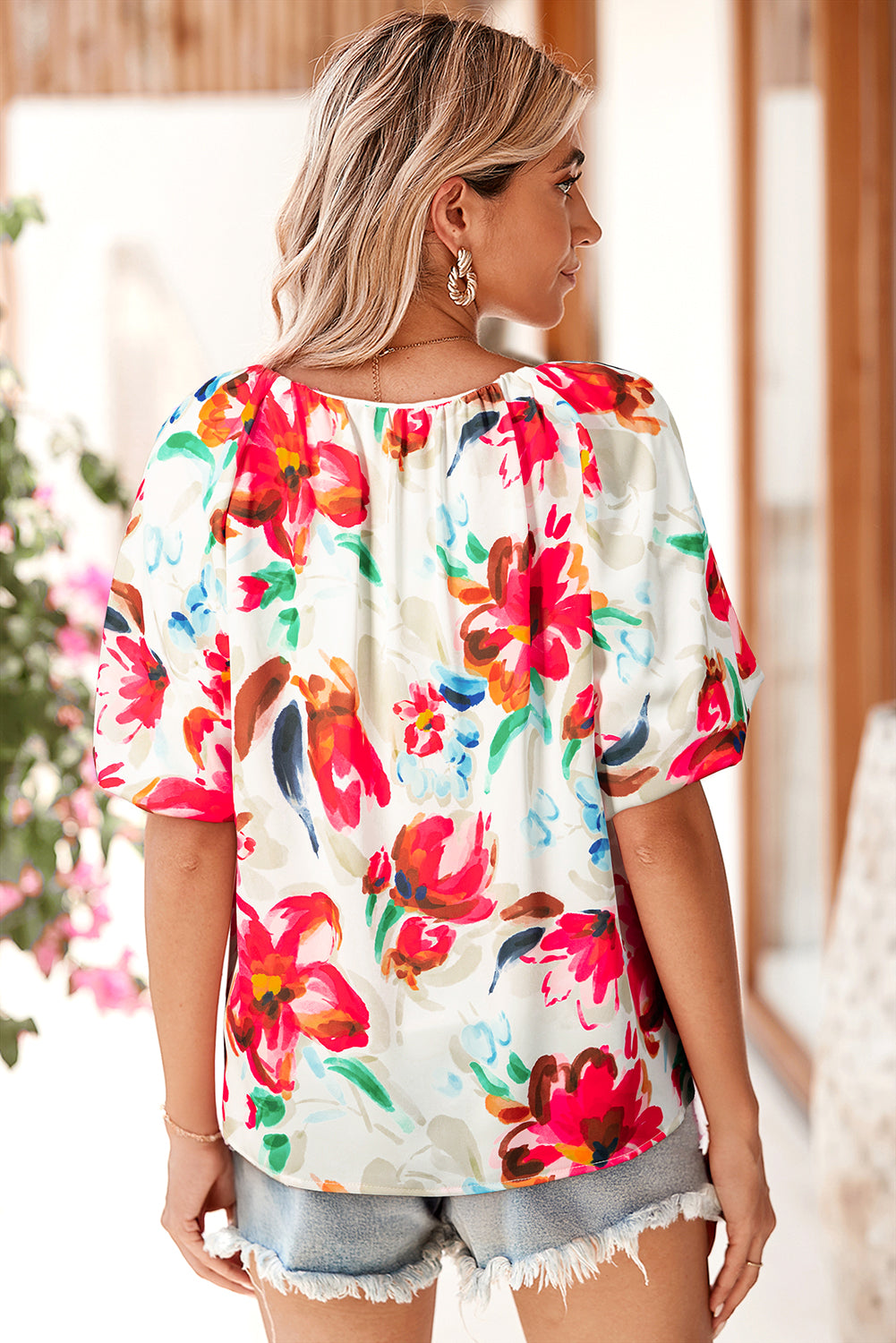 White Floral Print Puffy Half Sleeve Blouse eAura