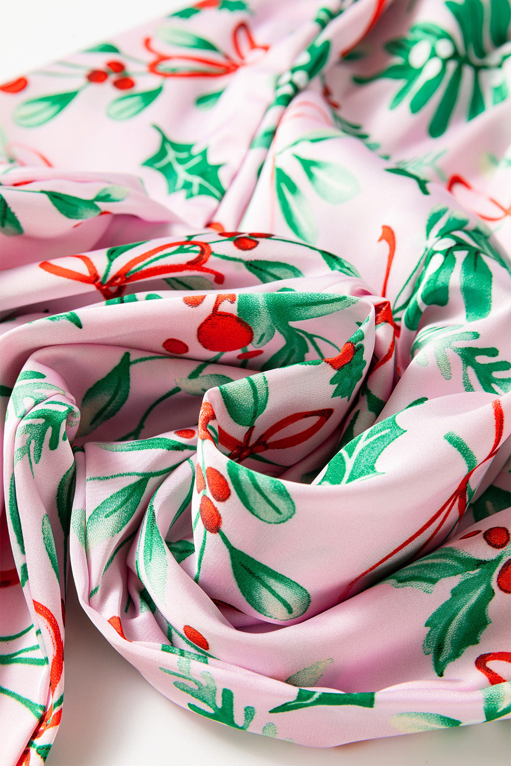 Pink Christmas Berries Print Satin Long Sleeve Pyjama Set eAura