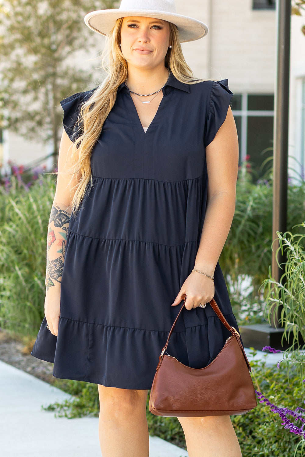 Navy Blue Collared V Neck Flutter Sleeve Tiered Plus Size Dress BB Fashion Outlet