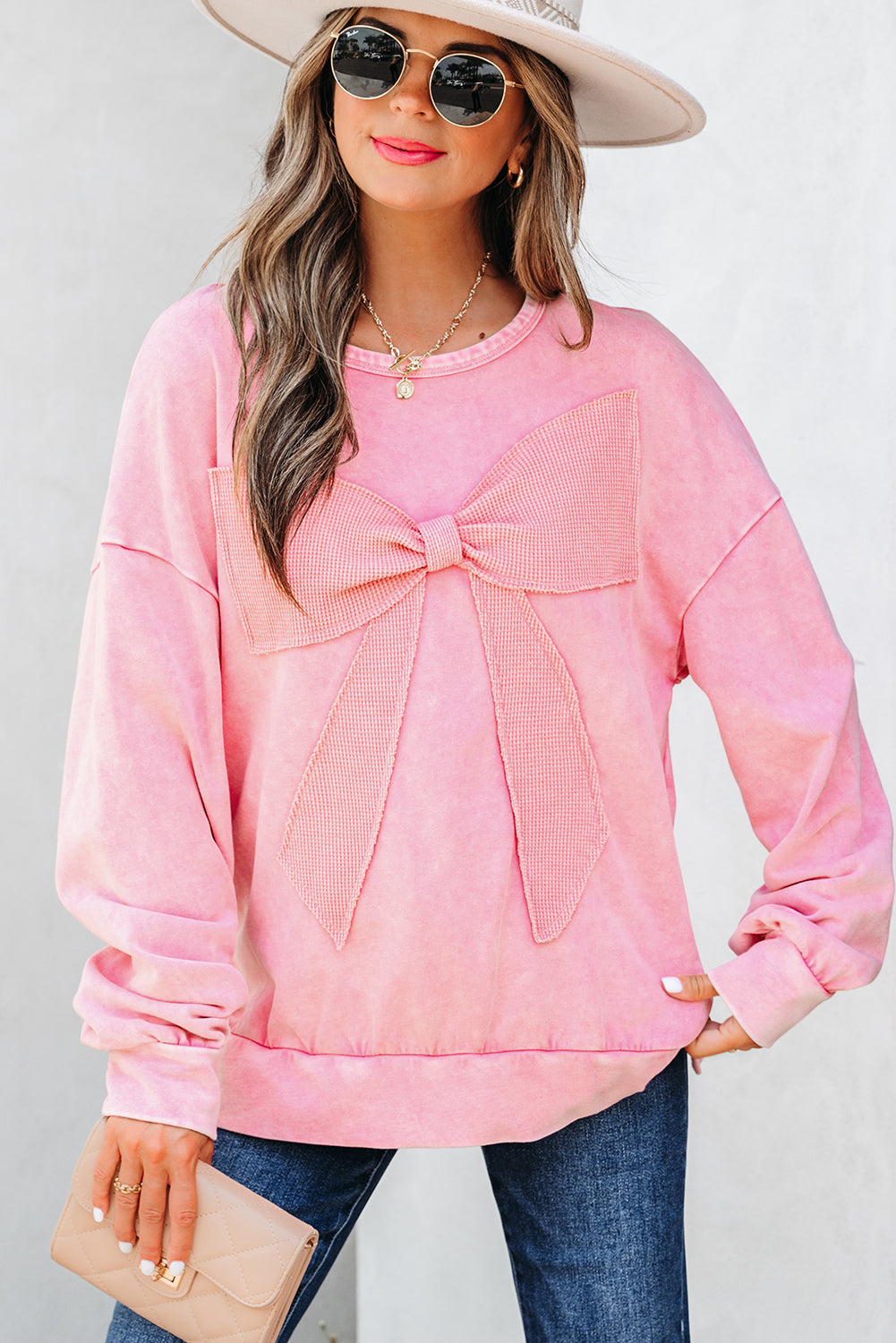Mineral Wash Big Bow Patchwork Pullover Sweatshirt eAura