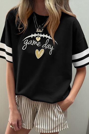 Game Day Embroidered Heart Pattern Varsity Casual T Shirt – Black