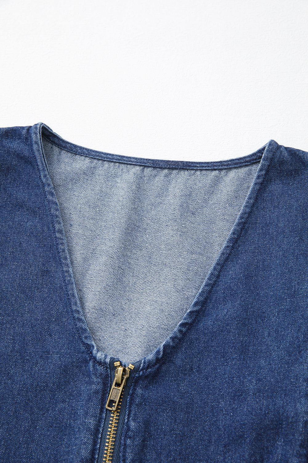 Sail Blue Denim Ruffled Zipped Front Belted Romper eAura