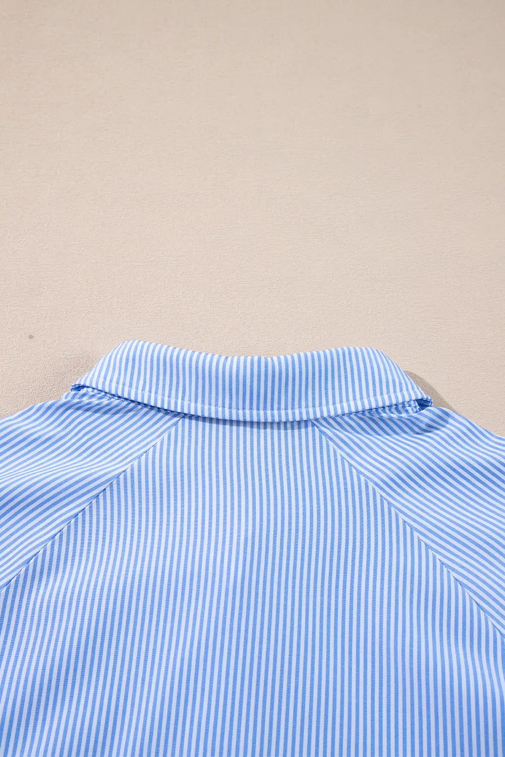 Pinstripe Long Sleeve Smocked Cuffs Button Shirt Collar Blouse – Sky Blue Stripe