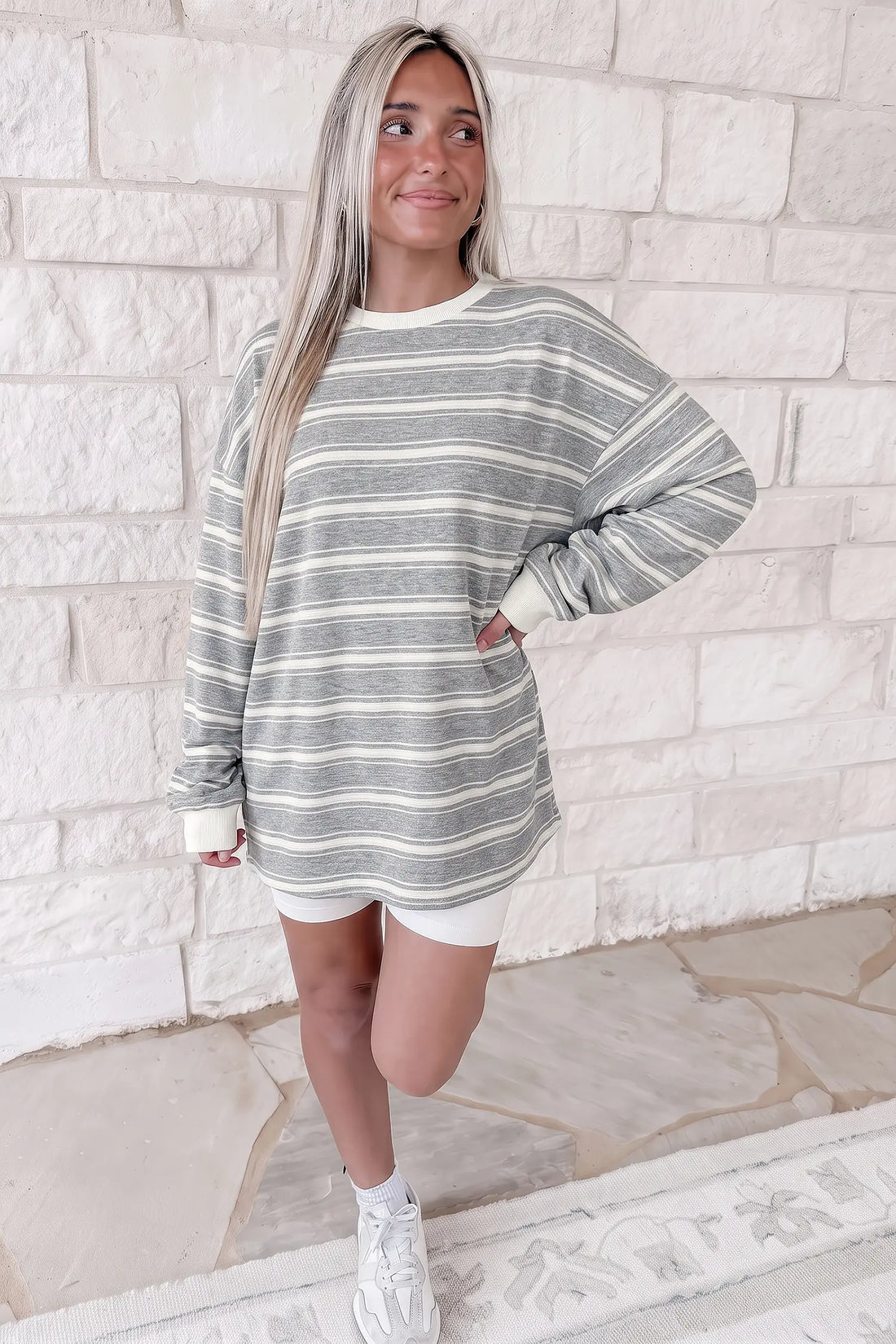 Long Sleeve Round Neck Tunic Top – Grey Stripe
