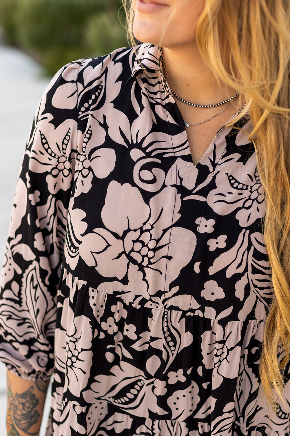 Black Plus Size Floral Printed Puff Sleeve Collared Maxi Dress BB Fashion Outlet