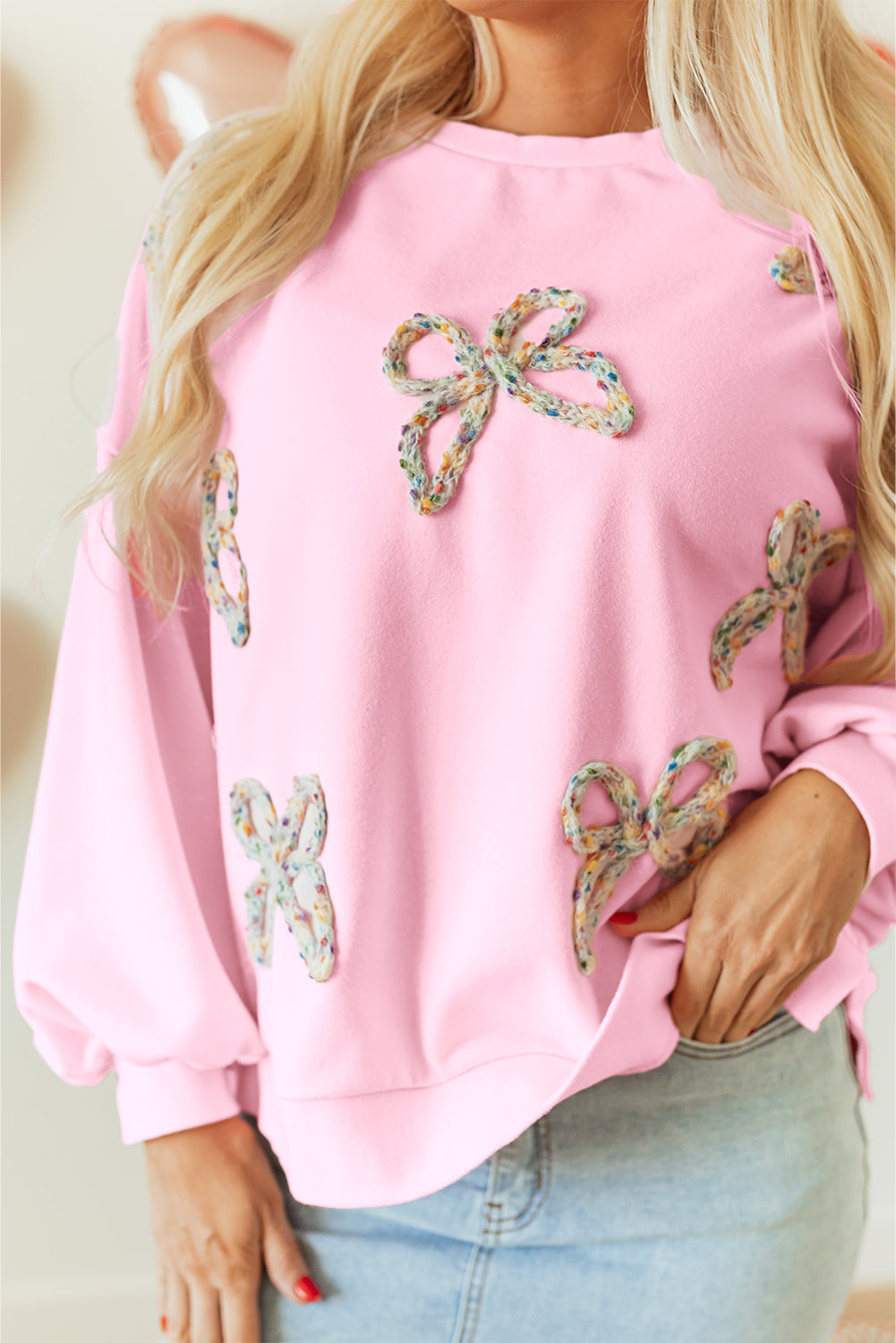 Light Pink Embroidered Bow Lantern Sleeve Oversized Pullover Sweatshirt eAura