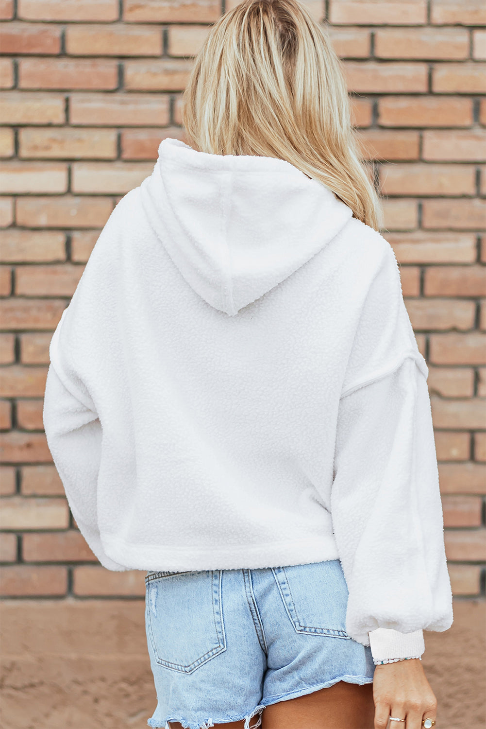 White Sherpa Fleece Drop Shoulder Hoodie eAura