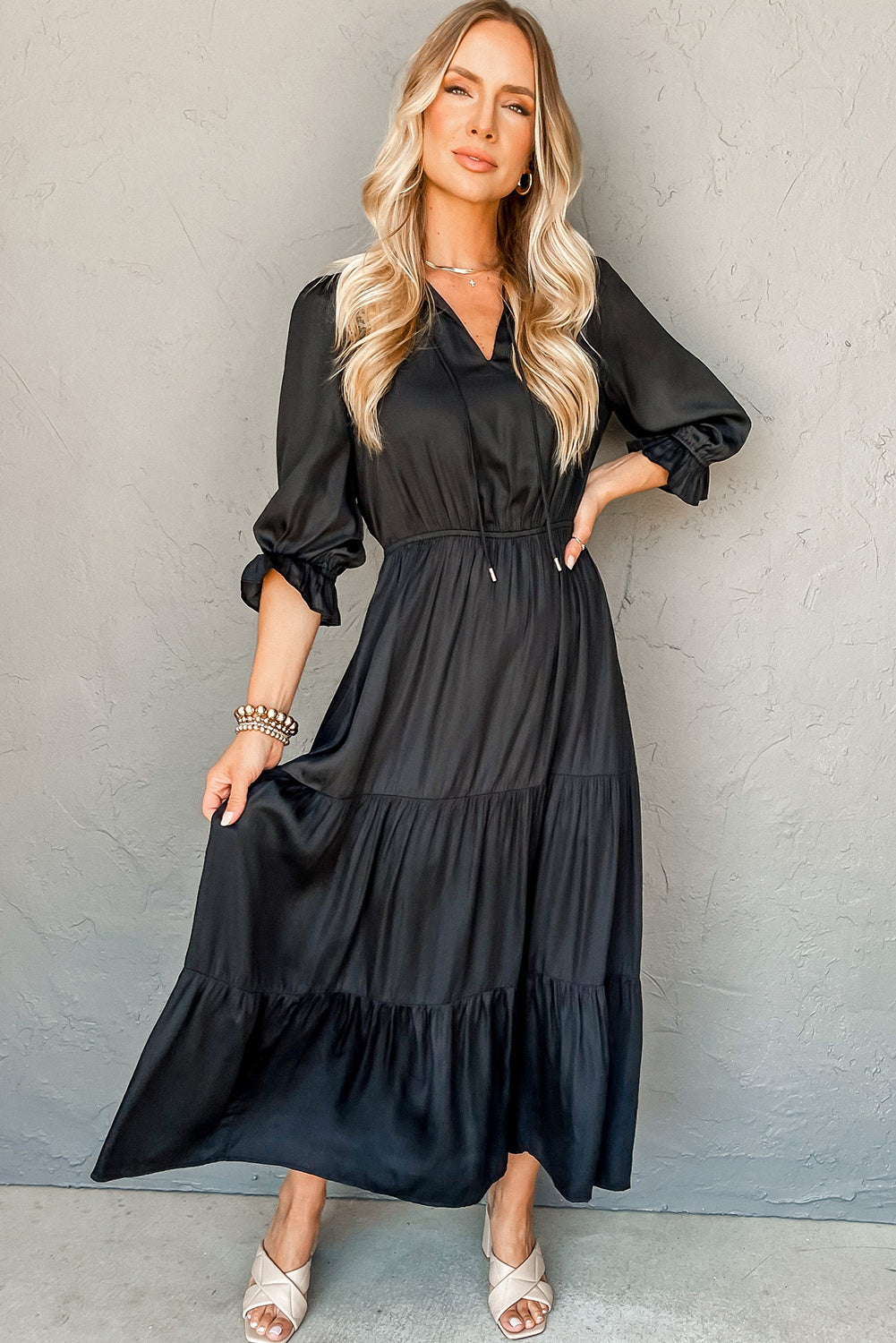 Bracelet Sleeve V-Neck Tiered Maxi Dress - eAura